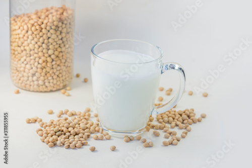 Soy and soy milk on a white background.