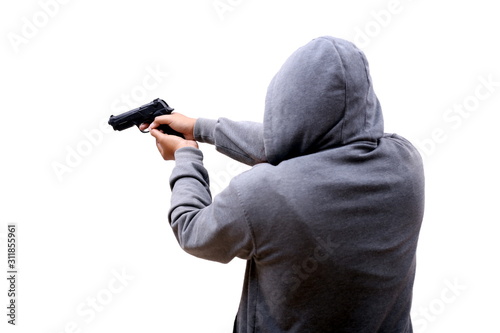 rear view of man pointing gun isolated in white