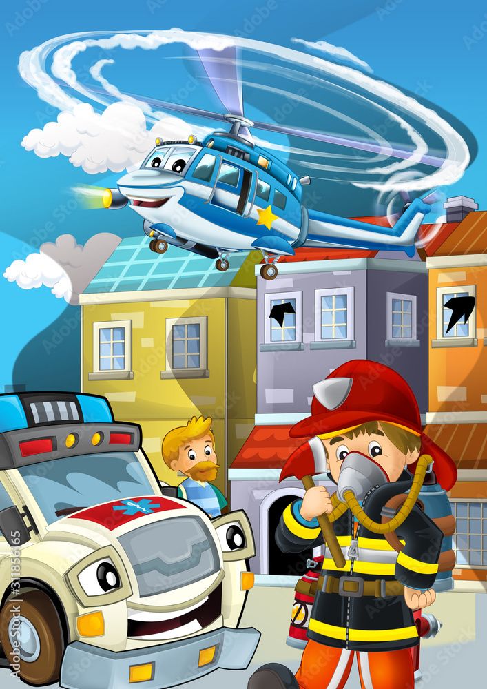 Naklejka premium cartoon stage with fireman fire fighting near some building smoking - illustration for children