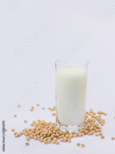 Soy and soy milk on a white background.