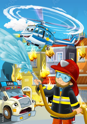 cartoon scene with fireman working near some ambulance and building is burning illustration for children