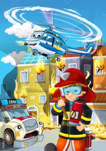 cartoon scene with fireman working near some ambulance and building is burning illustration for children