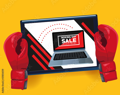 boxing day sale poster with laptop and gloves