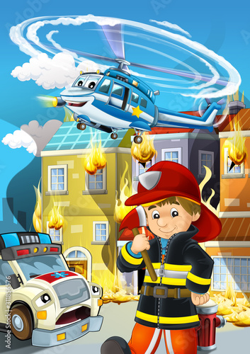 cartoon scene with fireman working near some ambulance and building is burning illustration for children