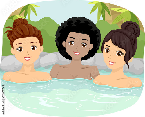 Teen Girls Onsen Bath Outdoor Illustration