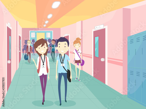 Teens Student School Hallway Illustration
