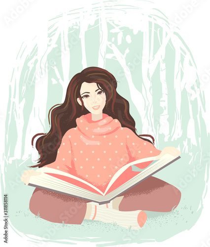 Girl Book Wood Illustration