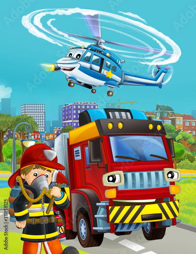 cartoon scene with fireman vehicle on the road - illustration for children