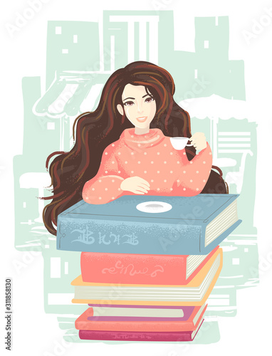 Girl Drinks Books Table Illustration