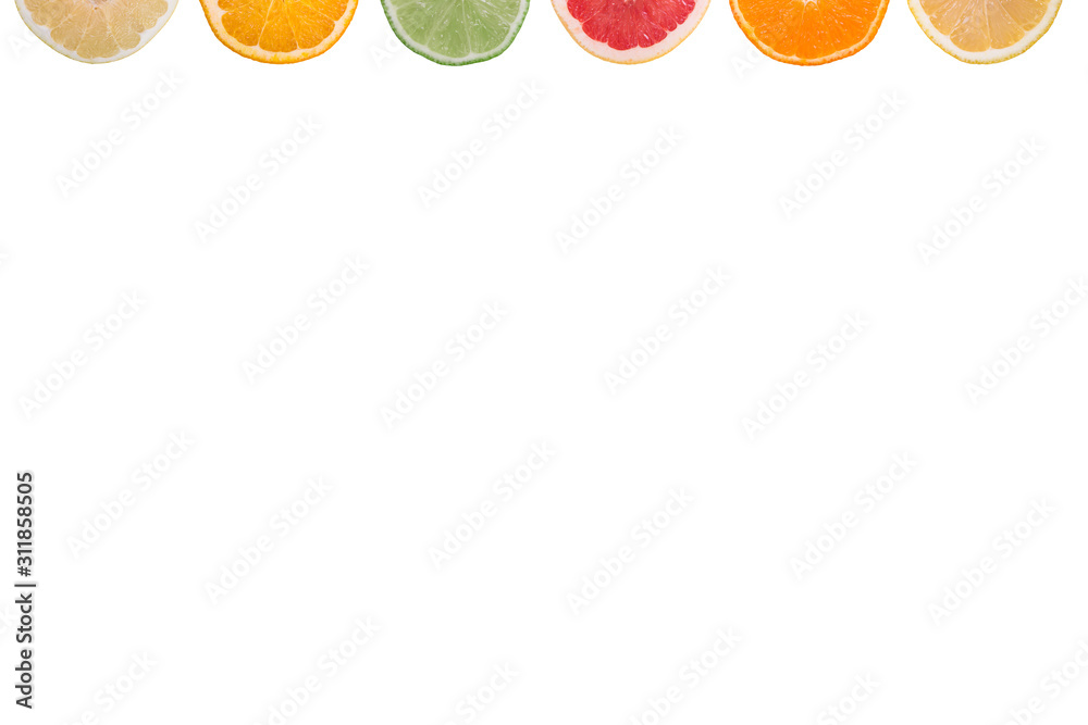multi-colored citrus slices on a white background multi-colored citrus slices on a white background