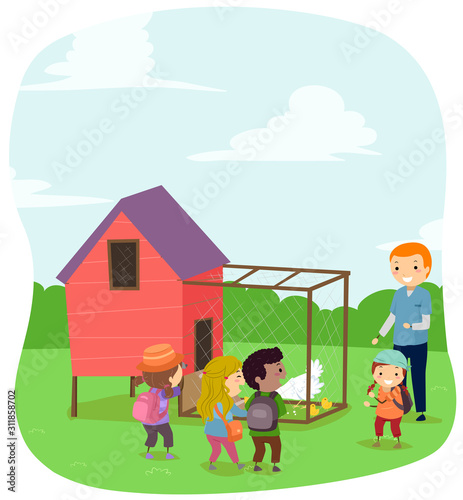 Stickman Kids Chicken Coop Illustration