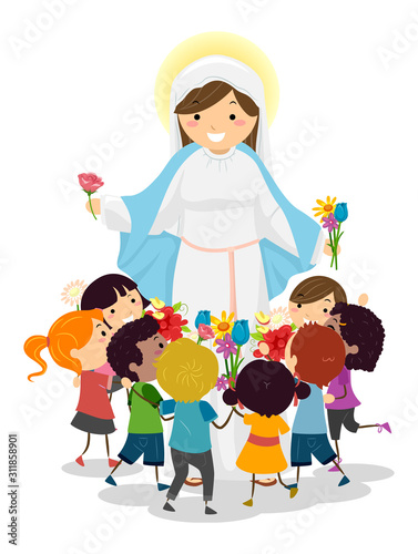 Stickman Kids Mother Mary Flowers