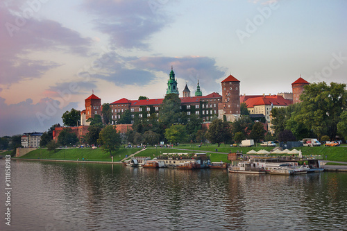 evening landscape with views of the Wawel Palace and the Vistula. Krakow, Poland.