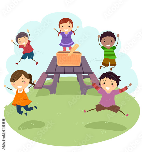 Stickman Kids Picnic Table Jump Illustration