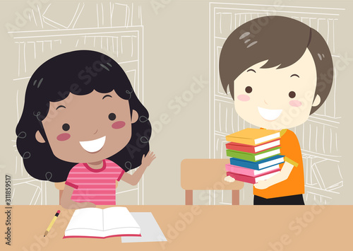 Kids Sharing Books Illustration