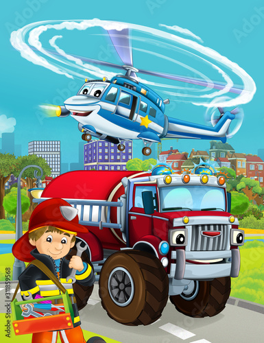 cartoon scene with fireman vehicle on the road - illustration for children