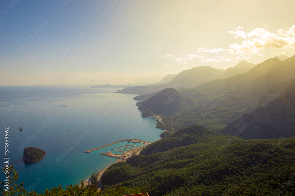 Landscape from Antalya with green mountains, sea and sky