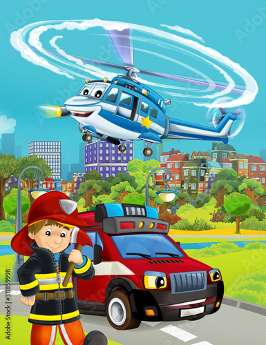 cartoon scene with fireman vehicle on the road - illustration for children