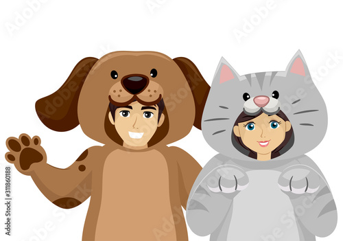 Teen Couple Domestic Animal Costume Illustration