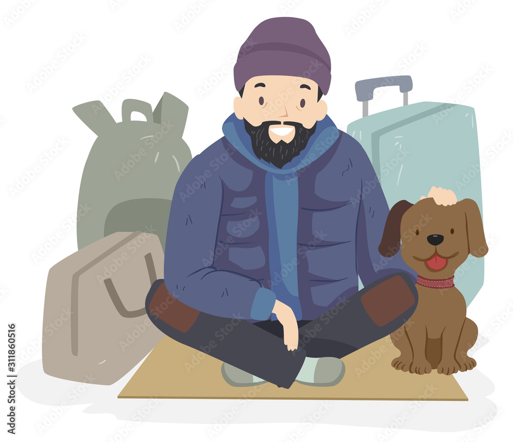 Man Homeless Dog Pet Bags Illustration