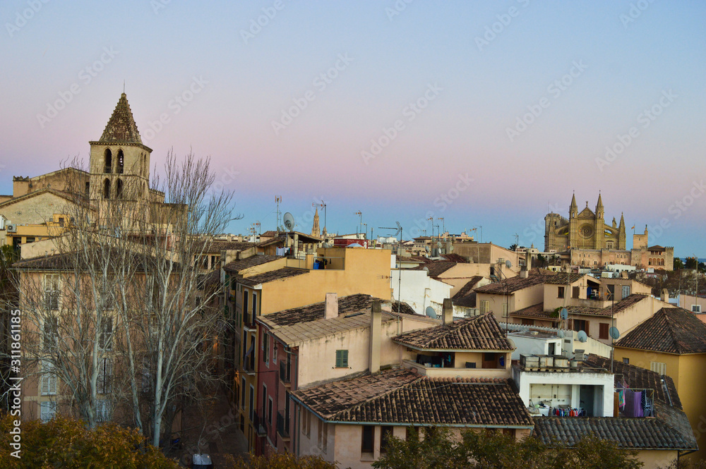Naklejka premium Palma de Mallorca rooftops and architecture with cathedral in the back during sunset, Spain