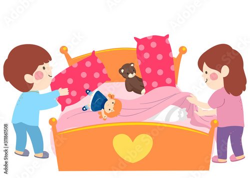 Kids Help Fixing Bed Illustration