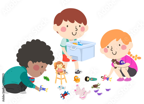 Kids Help Pick Up Toys Illustration