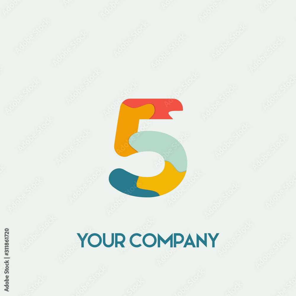 Number 5 vector font alphabet, modern dynamic flat Paper cut style design for your unique elements design , logo, corporate identity, application, creative poster