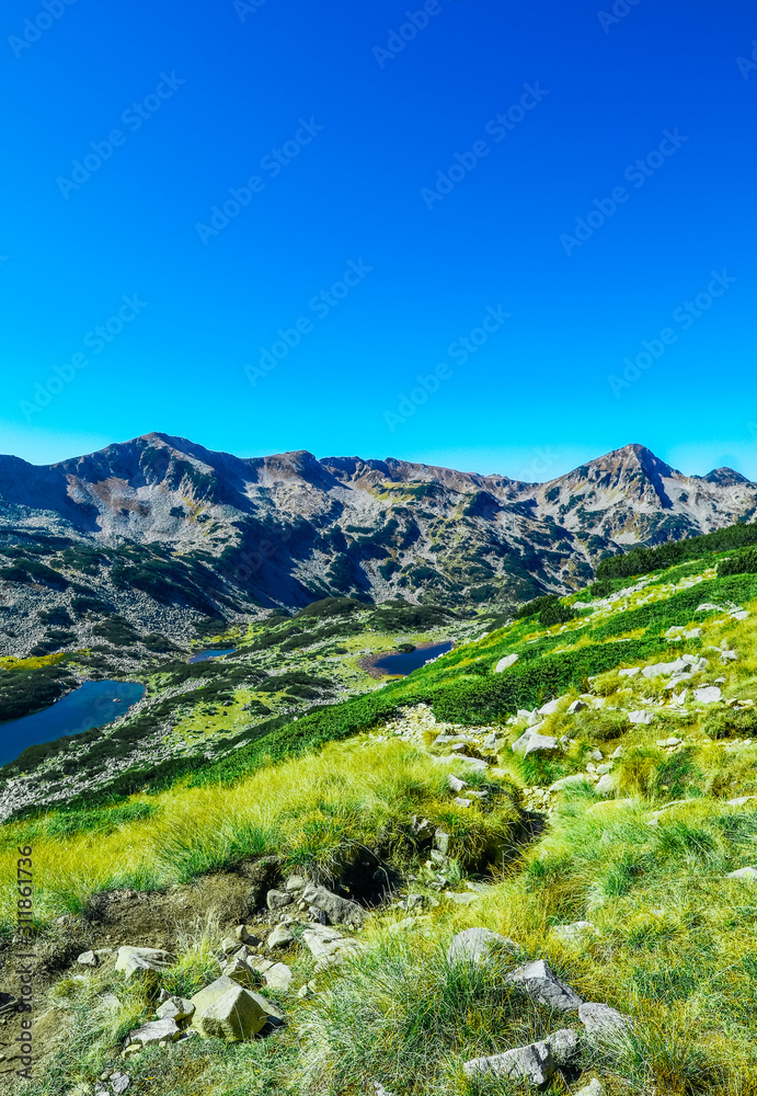 Naklejka premium Amazing alpine mountain landscape, sunny hiking trail to the top. Grass and rocks, easy walk, but long way to go.