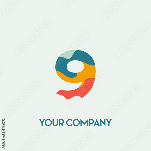 Number 9 vector font alphabet, modern dynamic flat Paper cut style design for your unique elements design , logo, corporate identity, application, creative poster