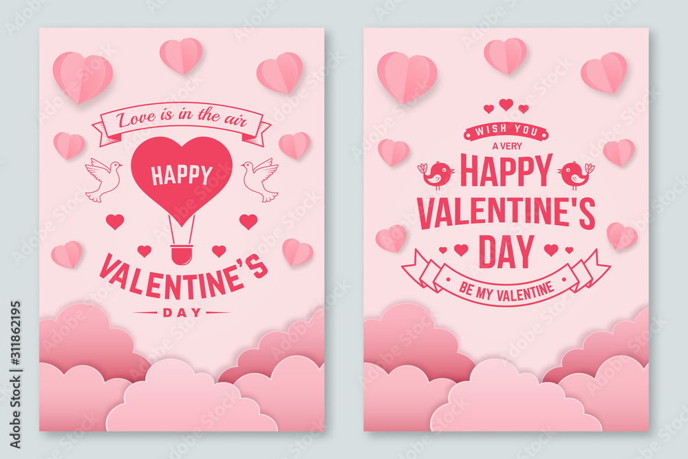 Set of Happy Valentines Day poster, greeting cards. Set invitation, posters, brochure, voucher, banners with clouds, bird, hot air balloon, hearts. Vector. Design for Valentines Day.