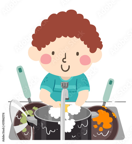Kid Boy Wash Pots Pans Illu...