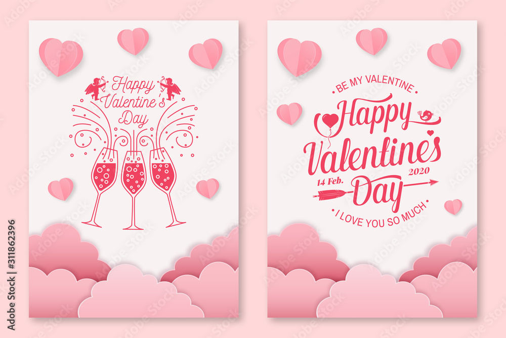 Set of Happy Valentines Day poster, greeting cards. Set invitation, posters, brochure, voucher, banners with clouds, bird, cupid, hearts. Vector. Design for Valentines Day.