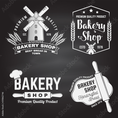 Set of Bakery shop badge on the chalkboard. Concept for badge, shirt, label, stamp. Design with windmill, rolling pin, dough, wheat ears silhouette. For restaurant identity, packaging menu