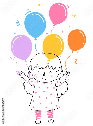 Kid Girl Happy Balloons Illustration