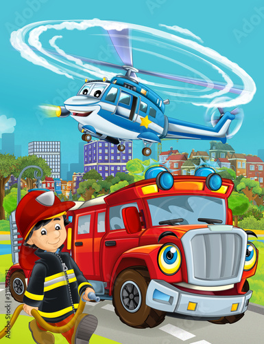 cartoon scene with fireman vehicle on the road driving through the city and fireman standing near by - illustration for children