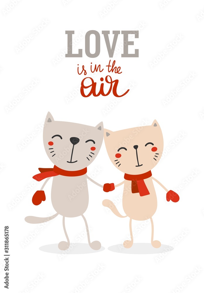 Funny couple of cats in love holding hands. Happy Valentines day greeting card. Hand drawn romantic animals, symbol of love, dating and marriage
