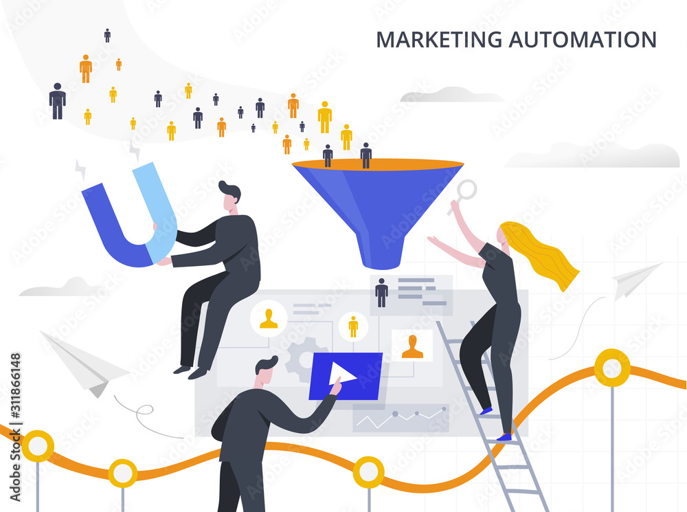 Par vidne Sæt tøj væk Marketing Automation and Lead Generation flat vector illustration. The  process of attracting potential customers to the sales funnel, collecting  information and automating the marketing process. Stock Vector | Adobe Stock