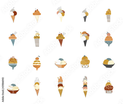 Big vector set of isolated objects. Tasty ice cream in waffle cones and cups and sundaes.