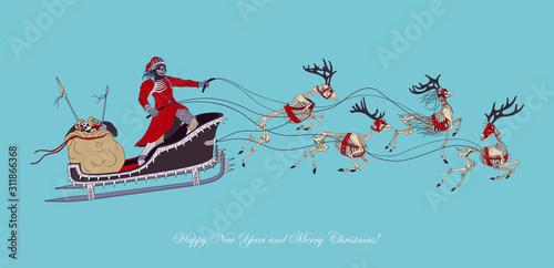Santa Claus with reindeers on sleigh. Bad Santa Skull and deer skeleton with leather belt, mask and metal spikes. Hard rock.