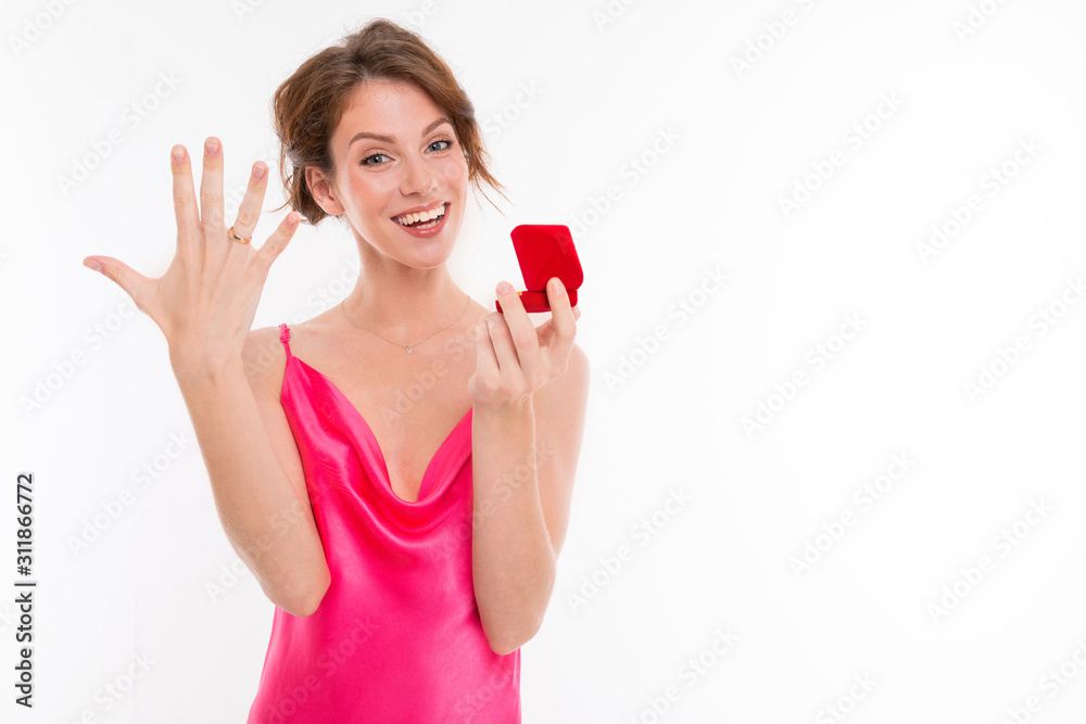 Beautiful caucasian woman acceps marriage proposal and rejoices, picture isolated on white background Beautiful caucasian woman acceps marriage proposal and rejoices, picture isolated on white background
