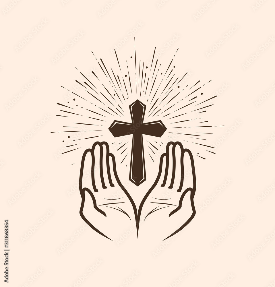 Church logo or label. Prayer, religion concept. Vintage vector