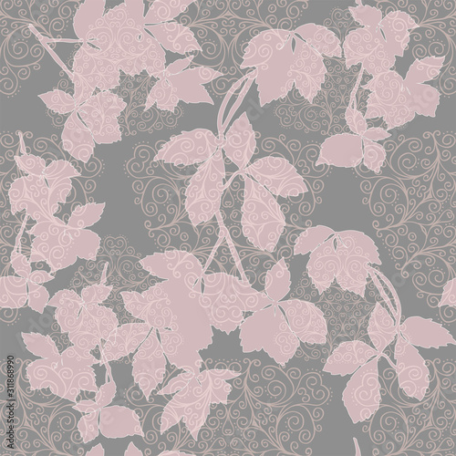 Nude pink grey leaves and doodles seamless pattern