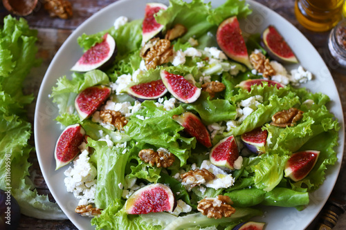 Keto salad with figs and white cheese. Healthly food. Selective focus. Macro.