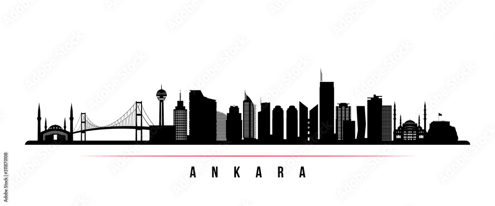 Ankara skyline horizontal banner. Black and white silhouette of Ankara, Turkey. Vector template for your design.