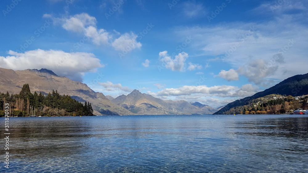 Beautiful landscape of Lake wakatipu and forest in Queenstown in New zealand