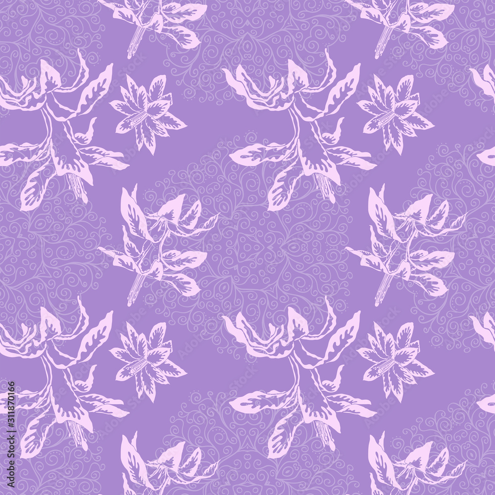 Pink cactus flowers and purple doodles seamless pattern