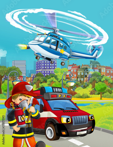 cartoon scene with fireman vehicle on the road - illustration for children