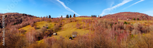 Fototapeta Naklejka Na Ścianę i Meble -  Romanian old sheepfold on the top of the hill in the fall season, Fantanele village, Sibiu county, Cindrel mountains, 1100m, Romania