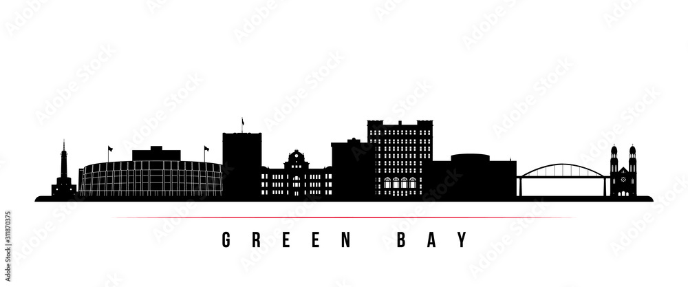 Green Bay skyline horizontal banner. Black and white silhouette of Green Bay, Wisconsin. Vector template for your design.